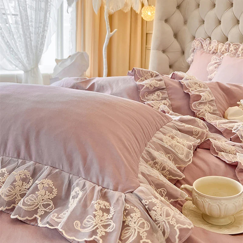 Afralia™ Korean Princess Lace Ruffles Bedding Set in Bean Paste Pink