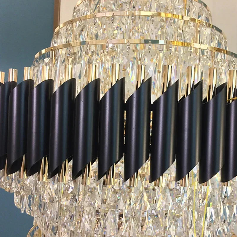 Afralia™ Luxury Crystal Staircase Chandelier: Elegant Lighting for Villa, Lobby, Hotel - Black Stainless Steel