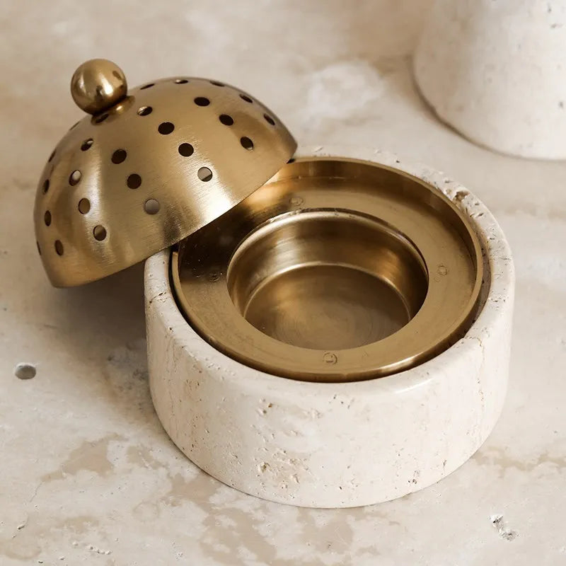Afralia™ Travertine Marble Incense Burner with Brass Cover