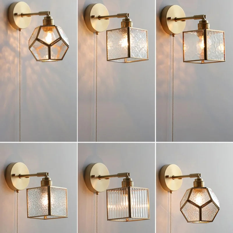 Afralia™ Glass LED Wall Light with Pull Chain Switch, Rotating Japanese Style Bedside Lamp