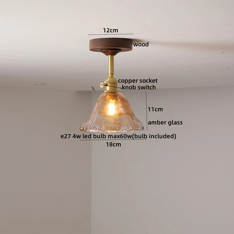 Afralia™ Amber Glass Copper LED Ceiling Light Fixture for Modern Home Decor