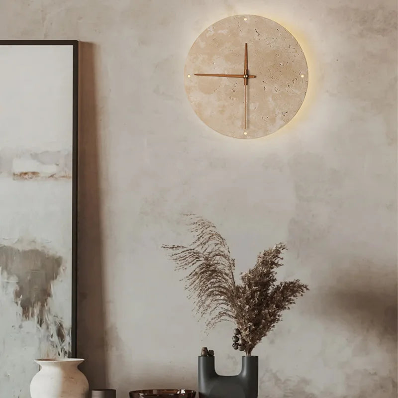 Afralia™ Natural Stone Clock Art Round Wall Lamp LED Sconce Bedroom Decor