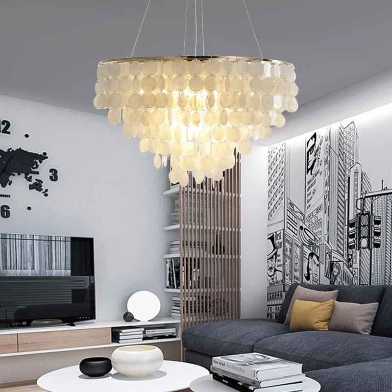 Afralia™ Nordic Shell LED Chandelier Gold Chrome Round Hanging Lamp