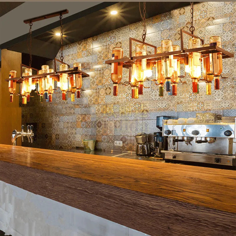 Afralia™ Rust Metal Wine Bottle LED Chandelier Pendant Lights Bar Restaurant Cafe Industrial