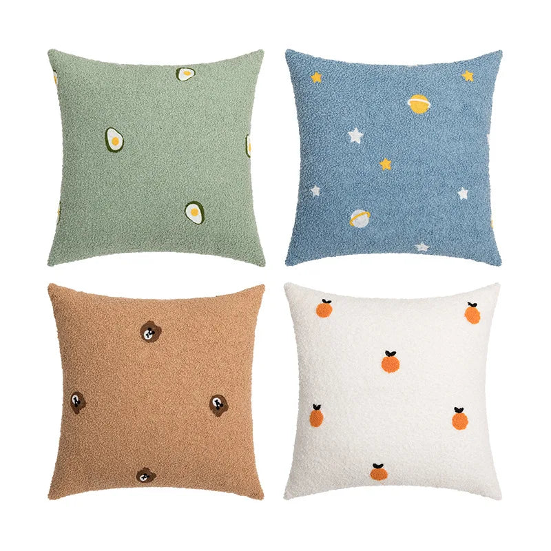 Afralia™ Teddy Fleece Embroidery Cushion Cover - Solid Color Cartoon Pillowcase