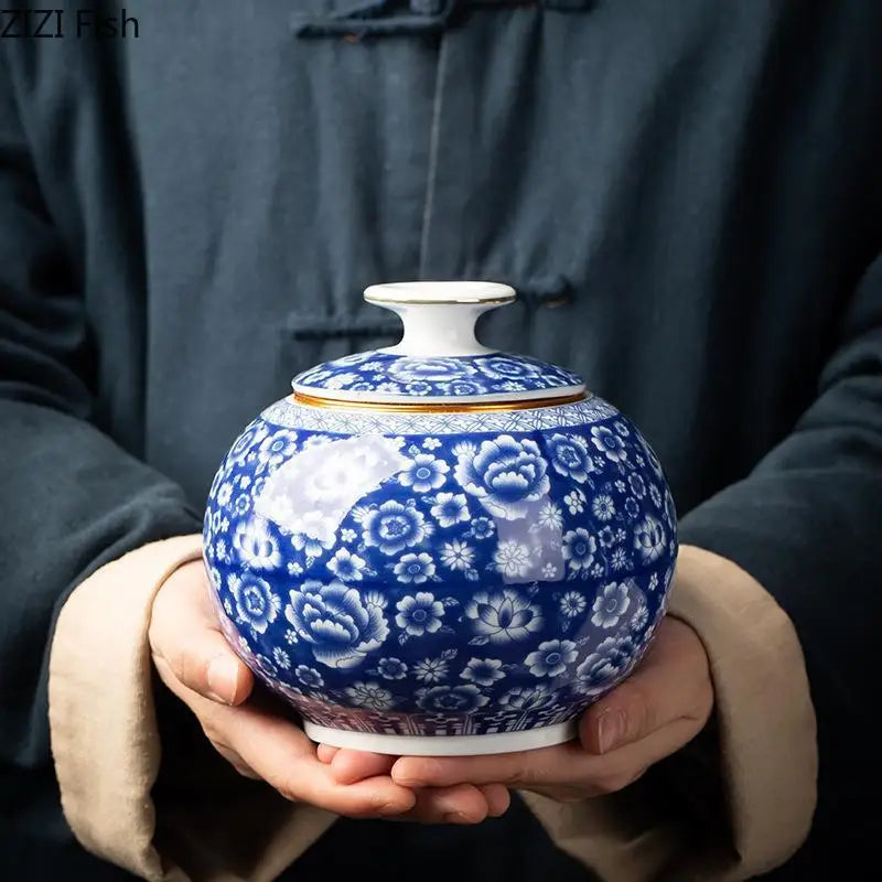 Afralia™ Blue White Porcelain Tea Canister Organizer Box Coffee Container Caddy Jar