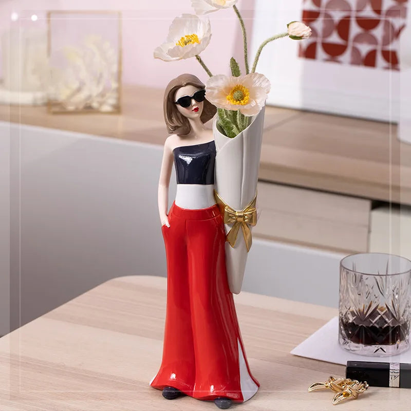 Afralia™ Modern Girl Vase & Resin Ornaments for Home & Office Decor, Crafted Figurines & Garden Statue