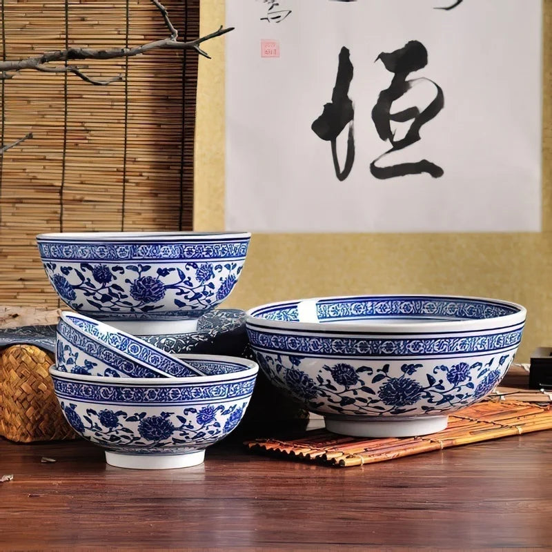 Afralia™ Blue and White Ceramic Noodle Bowl - Japanese Style Tableware