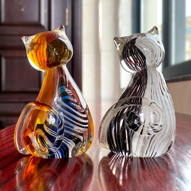 Afralia™ Hand Blown Glass Cat Figurine, Modern Art Crystal Sculpture, Cute Ornament