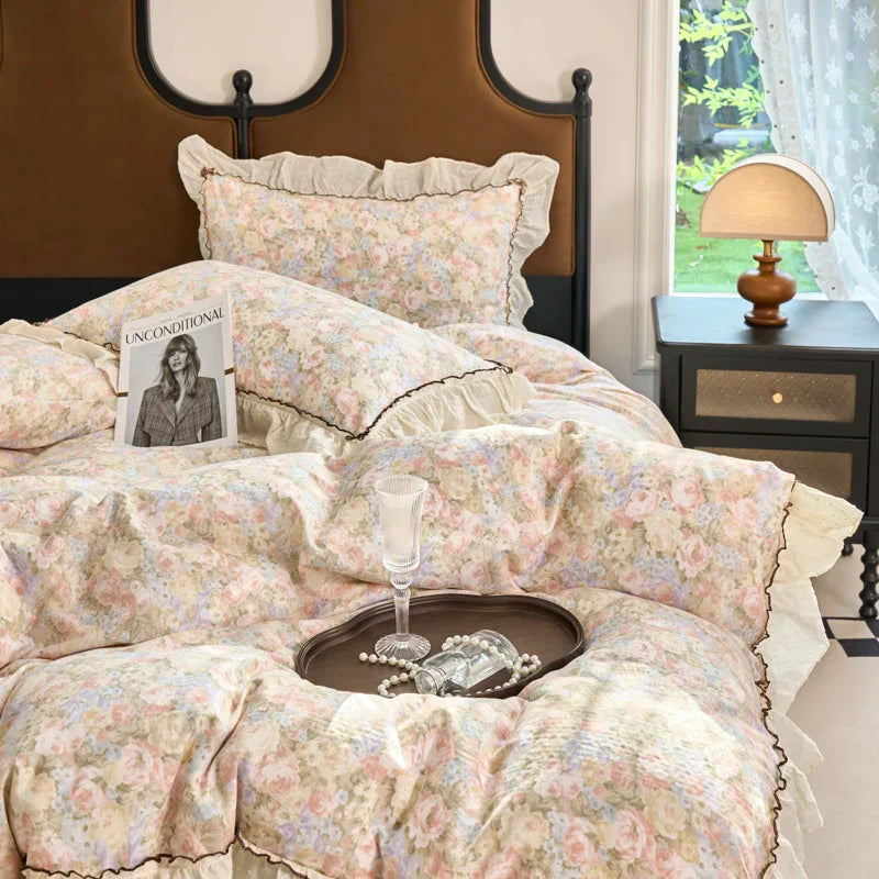 Afralia™ Vintage French Floral Lace Ruffles Bedding Set - 4Pcs