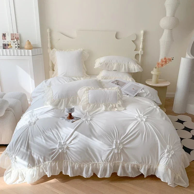 Afralia™ Lace Princess Bedding Set: Romantic Ruffles & Bow Duvet Cover, Sheet, Pillowcases