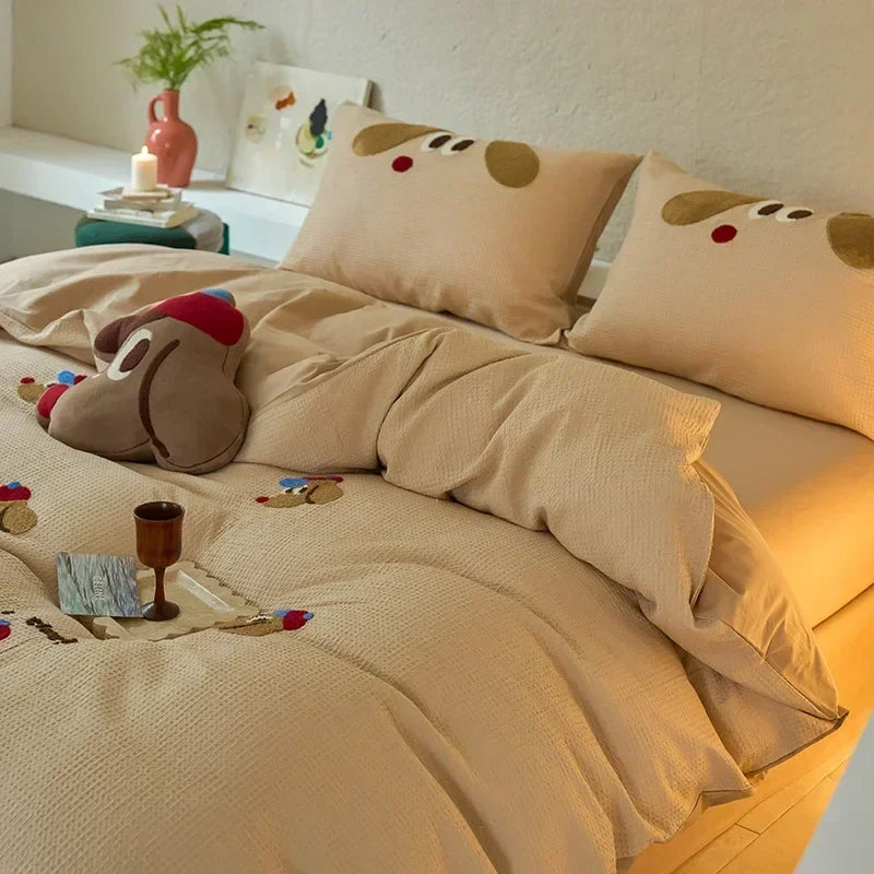 Afralia™ Waffle Embroidered Cotton Bedding Set with Sheet, Pillow, and Cover - Luxe, Cozy