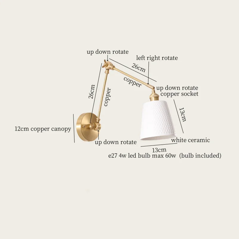 Afralia™ Ceramic LED Wall Lamp, Pull Chain Switch, Nordic Copper, Small Size
