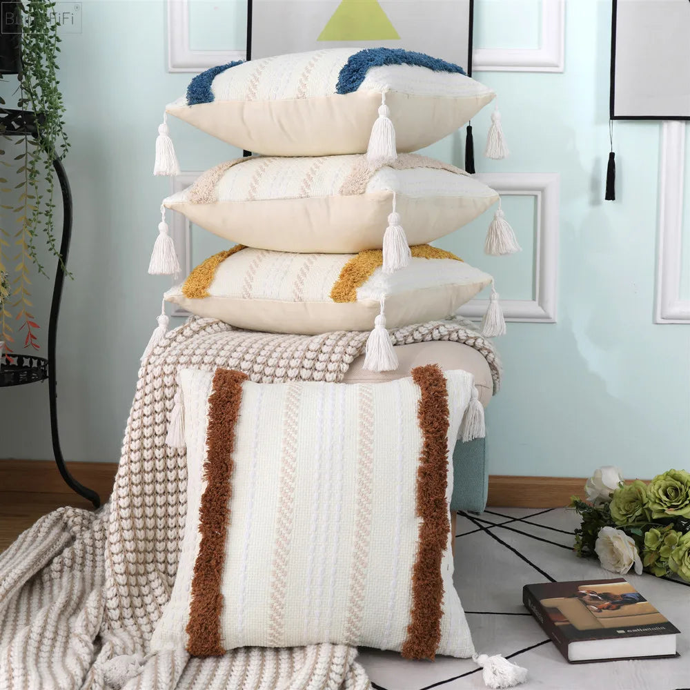 Afralia™ Boho Woven Tassel Tufted Throw Pillow Case for Sofa Bed Chair