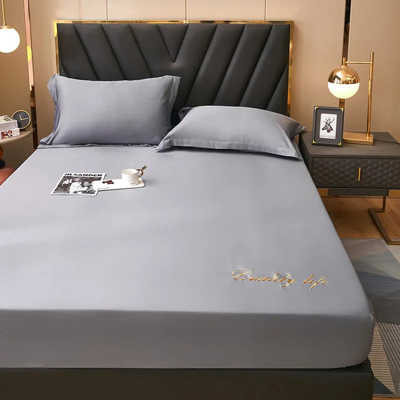 Afralia™ Silky Embroidered Fitted Sheet Set Queen Size Solid Color Luxury King Bedsheet