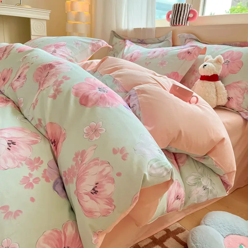 Afralia™ Fashion Flower Print Cotton Duvet Cover Set for All Seasons