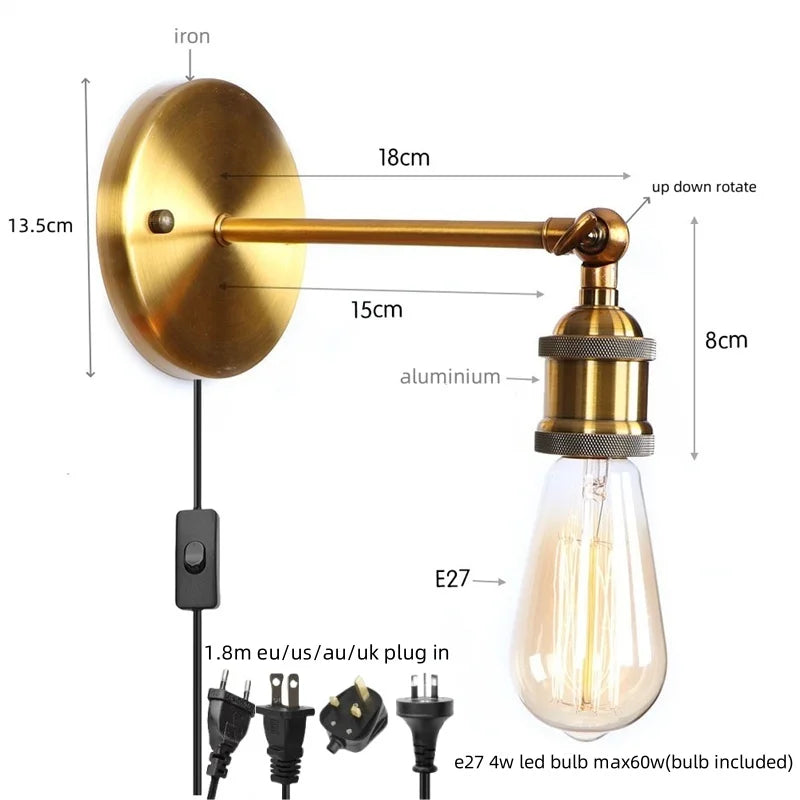 Afralia™ Retro Iron LED Wall Lamp Sconce, Gold Vintage Indoor Luminaire for Bedroom, Cafe