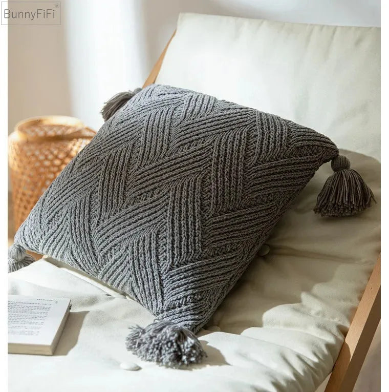 Chenille Knit Cushion Cover with Tassels for Home Sofa Bed by Afralia™