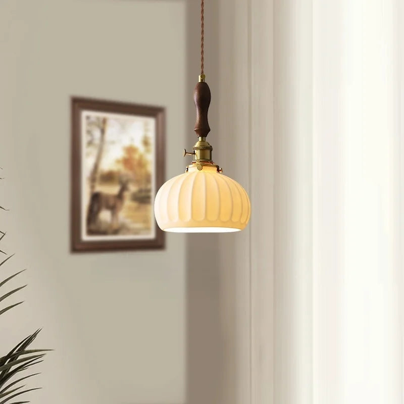 Afralia™ Wood Handle LED Pendant Lights Japanese Vintage Style Bar Bedroom Living Room HangLamp