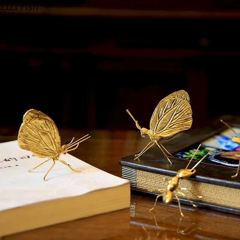 Afralia™ Golden Butterfly Ant Miniature Figurine Desk Ornament Artwork Decor