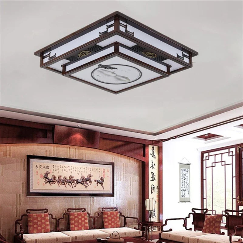 Afralia™ Antique Style Solid Wood Led Ceiling Light for Living Room Bedroom & Study