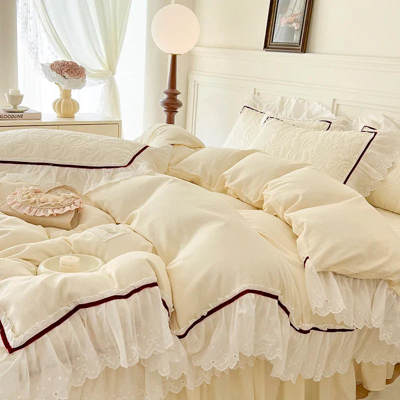 Afralia™ Lace Ruffles Bedding Set: 4pcs Solid Color Princess Quilt Cover, Bed Skirt, 100% Cotton Pillowcase
