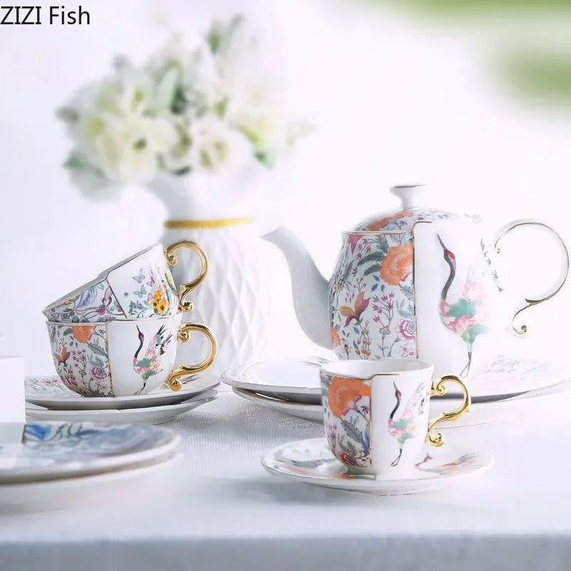 Fairy Crane Pattern Ceramic Tea Set with Gold-plated Accents by Afralia™