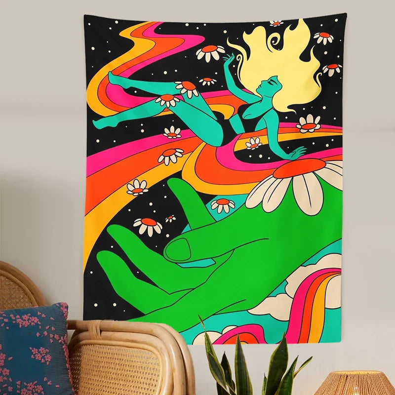 Afralia™ Retro Rainbow Woman Tapestry Wall Hanging: 80s Boho Psychedelic Wall Decor