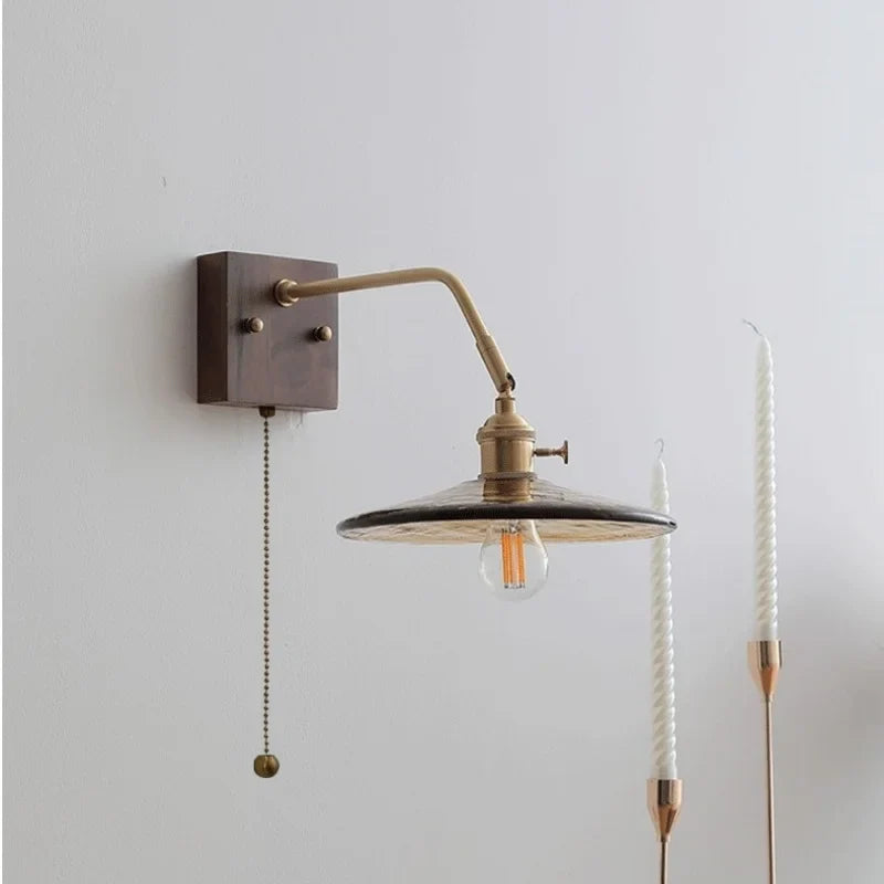 Afralia™ Walnut Copper LED Wall Lights Fixture with Pull Chain Switch - Modern Bedside Lamp