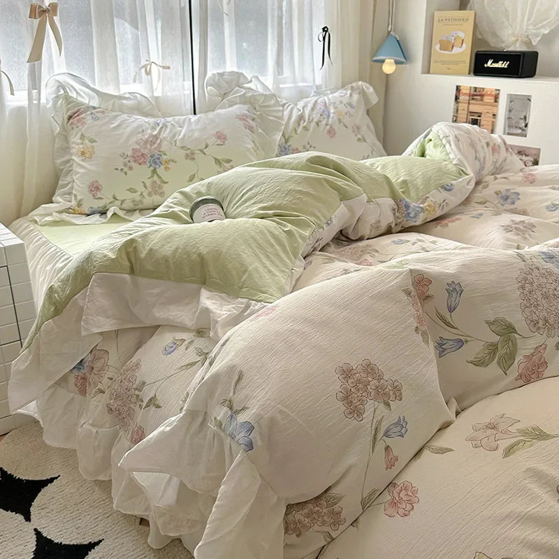 Afralia™ French Washed Cotton Princess Flower Quilt Cover Set - Spring Floral Bedding
