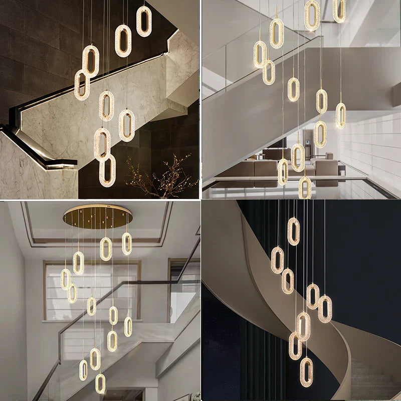 Afralia™ Gold LED Chandelier for Living Dining Stairwell Hallway, Modern Alloy+Acrylic Hanging Fixture