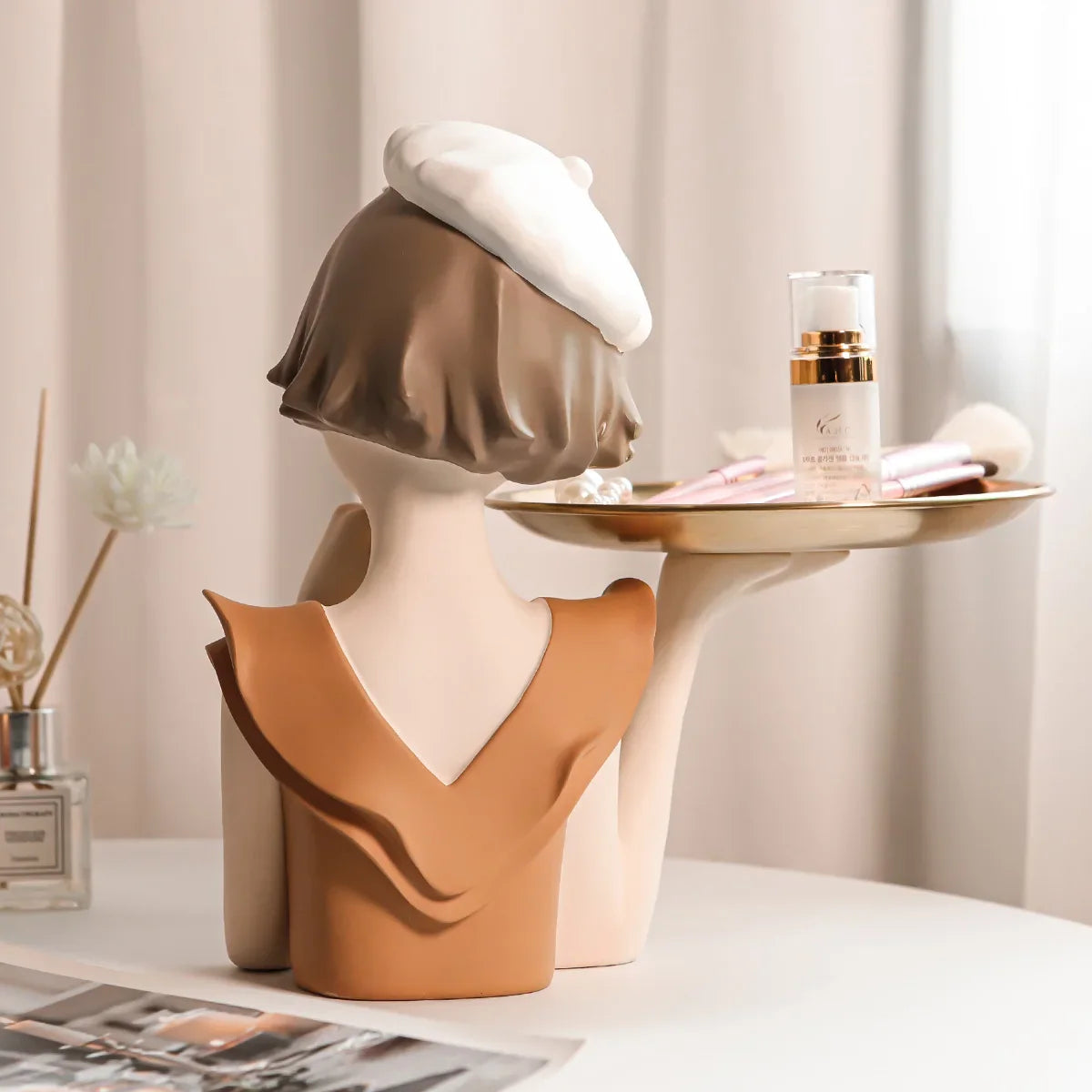 Afralia™ Balloon Girl Bust Vase and Tray Set - Modern Resin Sculptures for Living Room Decor