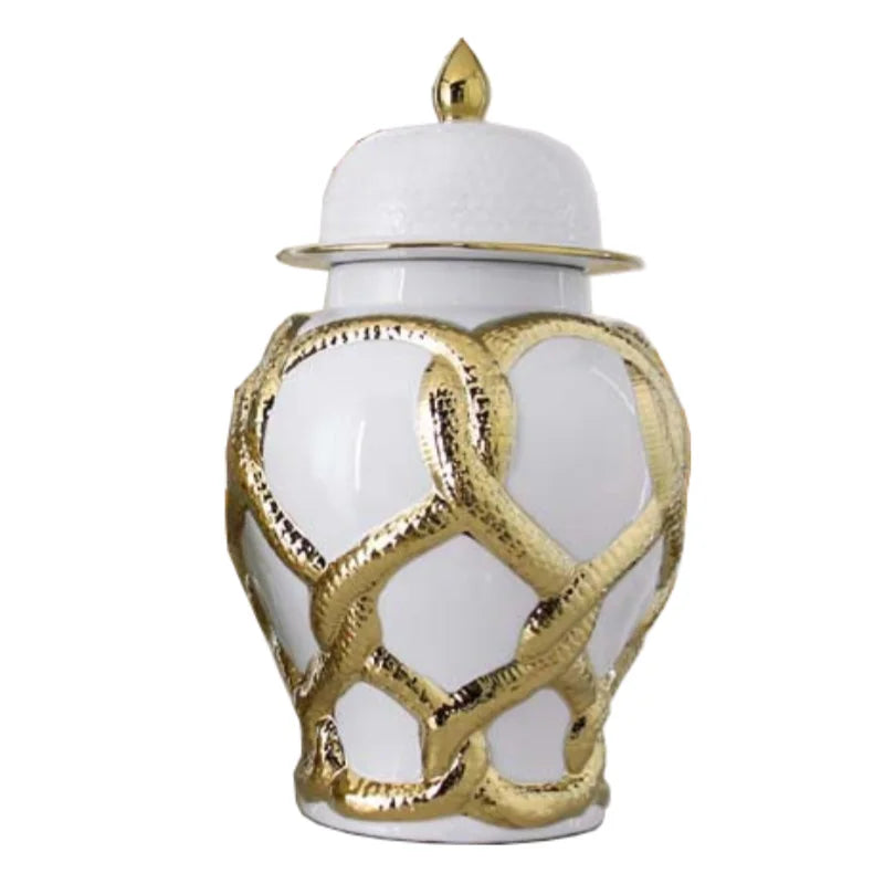 Afralia™ Checkmate Ceramic Jar with Gold Cross Cord, Porcelain Flower Vase and Storage Tank