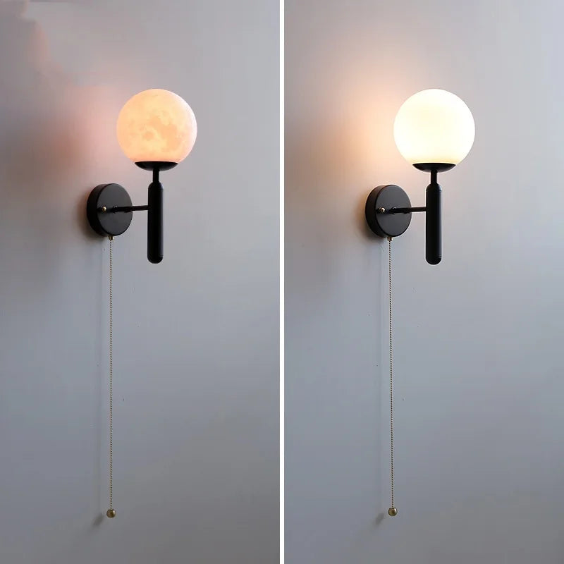 Afralia™ Modern Black Iron LED Wall Light with Pull Chain Switch & White Glass