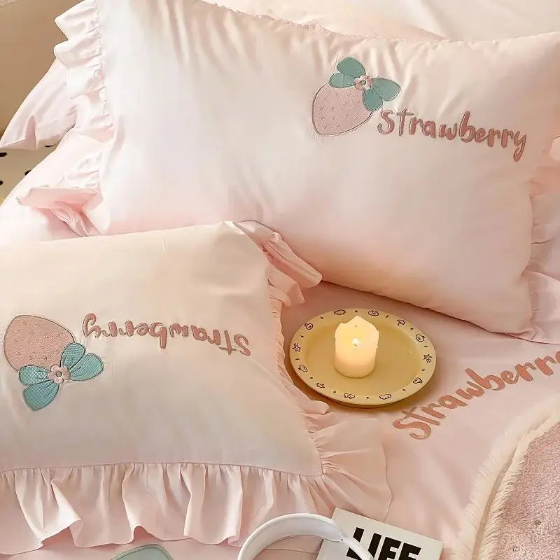 Afralia™ Pink Strawberry Embroidery Girl Bedding Set 1000TC Egyptian Cotton