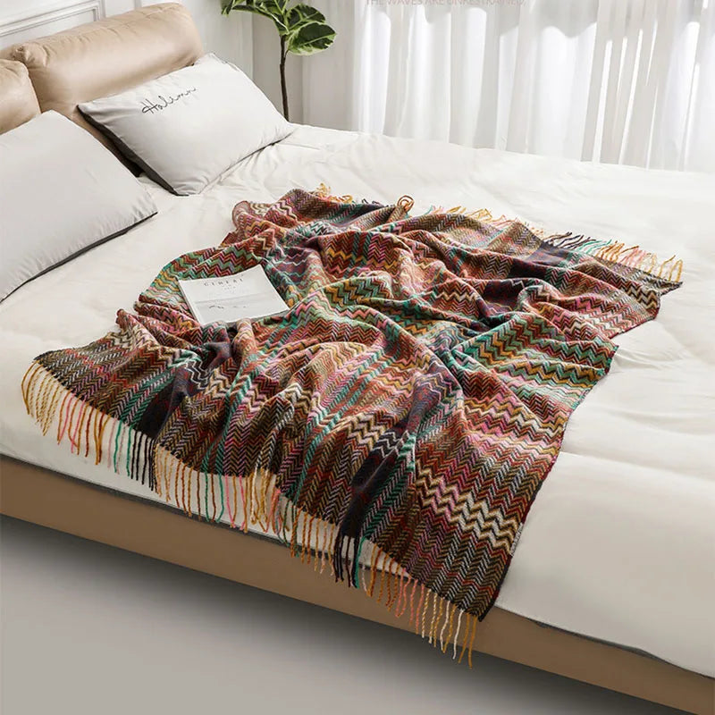 Afralia™ Ethnic Wave Woven Tassel Blanket: Multi-functional for Bed, Sofa, Table, Office Nap