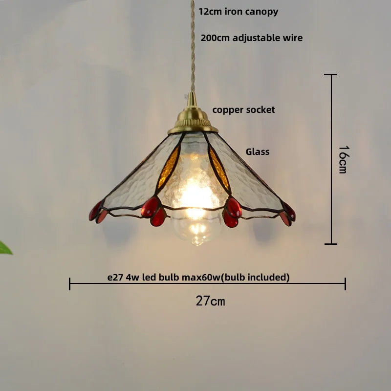 Afralia™ Walnut Wood LED Pendant Tiffany Glass Hanging Lamp - Vintage Dining Room Light