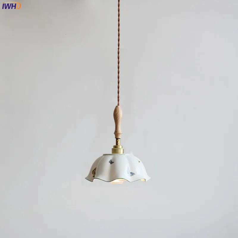 Afralia™ Butterfly Ceramic LED Pendant Lamp with Wooden Handle for Home Decor