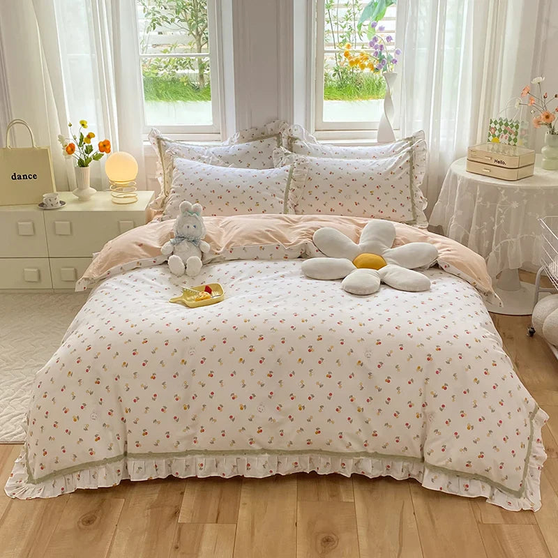Afralia™ Princess Floral Cotton Bedding Set with Ruffled Edge