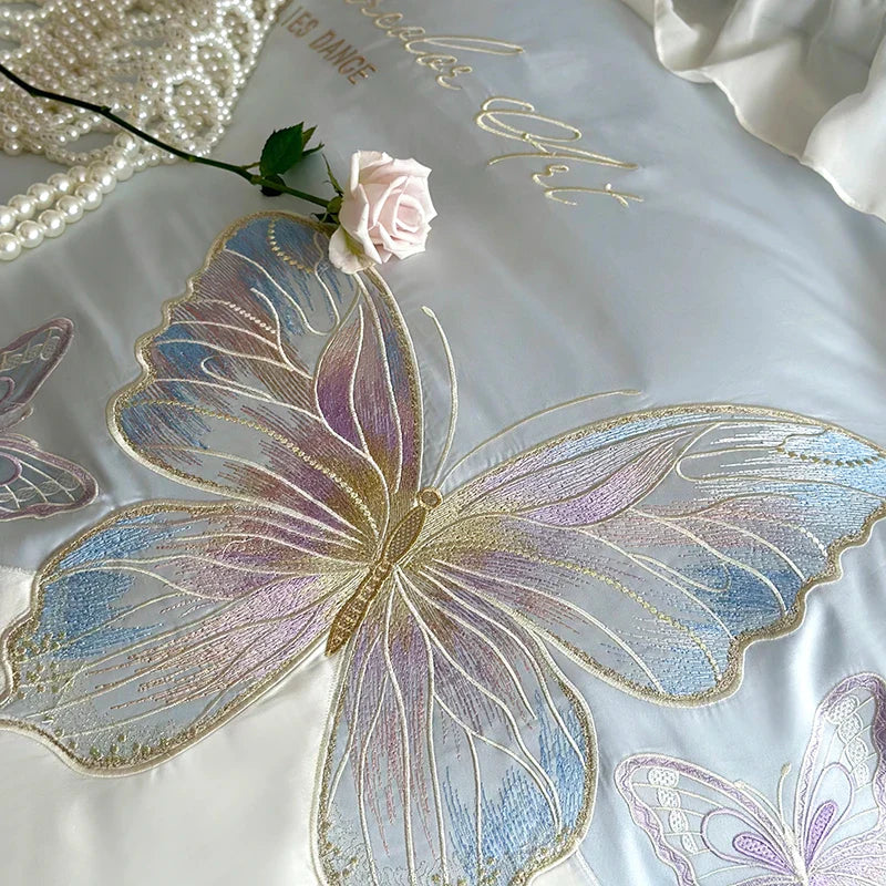 Afralia™ French Lace Butterfly Embroidery Bedding Set in 100S Egyptian Cotton