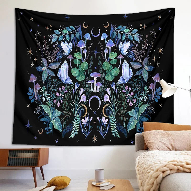 Afralia™ Moon Moth Mushroom Forest Mandala Tapestry Botanical Bedroom Decor