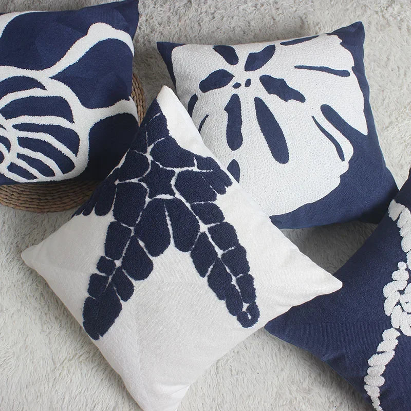 Afralia™ Navy Starfish Shell Embroidered Cotton Canvas Pillow Cover 45x45cm