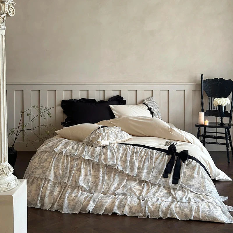Afralia™ Lace Ruffles Bow Princess Bedding Set: Egyptian Cotton Duvet Cover, Bedskirt, Bedspread, Pillowcases