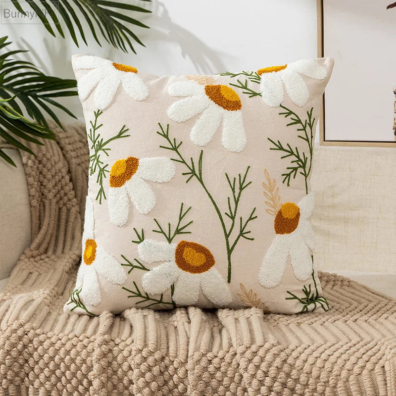 Afralia™ Floral Embroidery Pillow Cover Sunflower Dandelion Soft Canvas Decoration