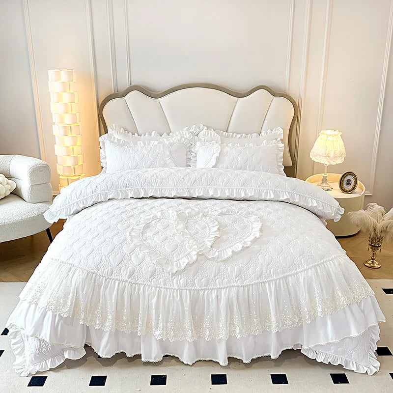 Afralia™ Korean Princess Style Bedding Set with Lace Ruffles and Love Theme