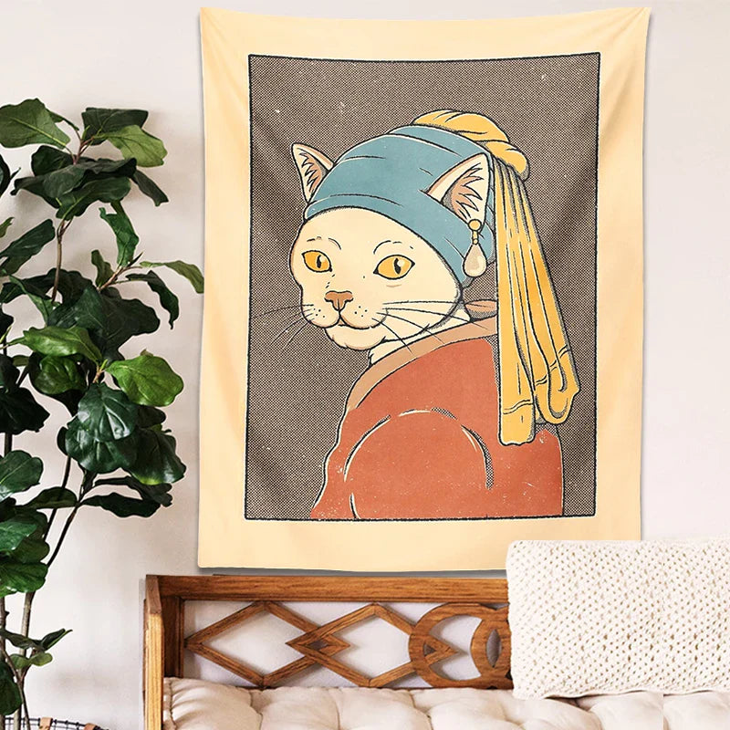 Afralia™ Cat With Pearl Earring Metal Wall Hanging Tapestry Art