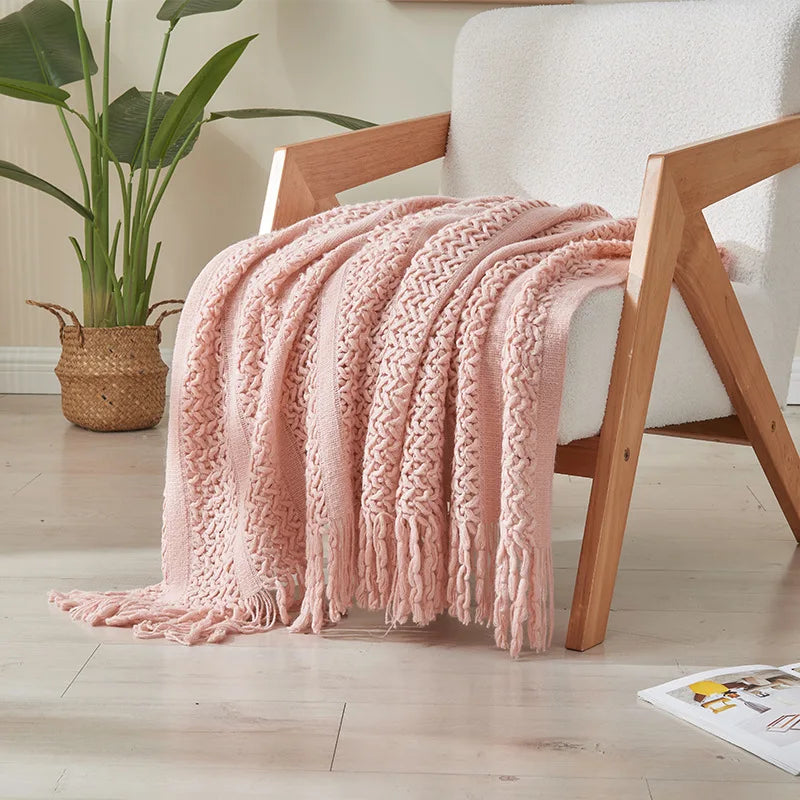 Afralia™ Knitted Tassels Blanket: Cozy Solid Color for Sofa, Bed, or Homestay