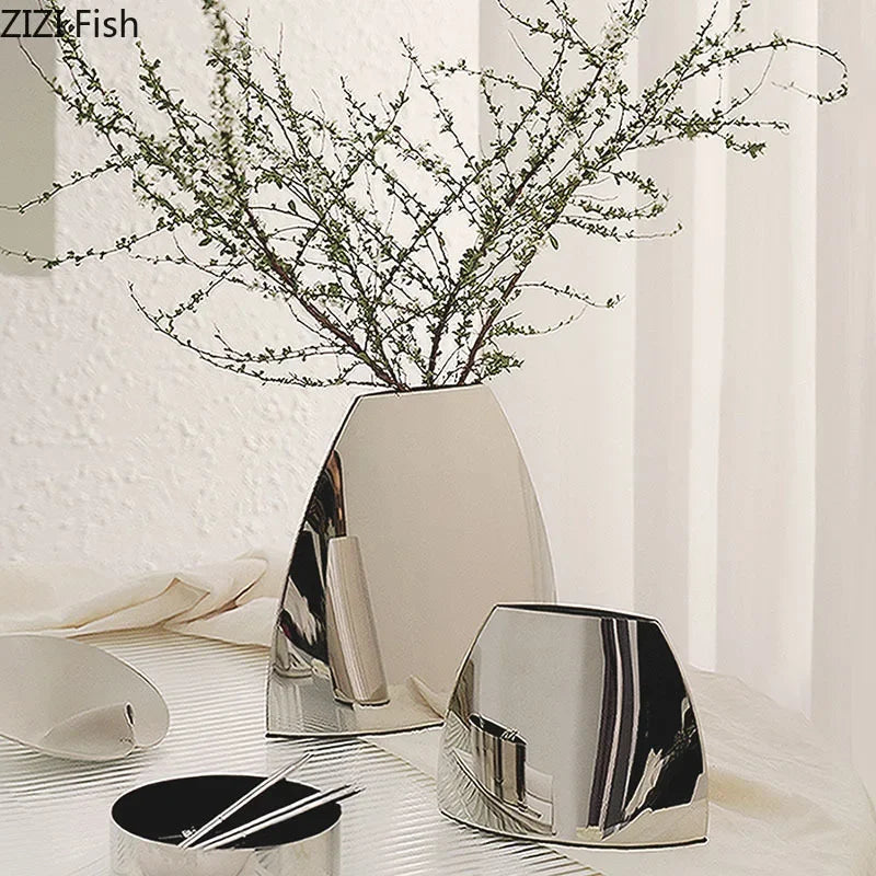 Afralia™ Silver Arc Metal Vase, Desk Decoration, Floral Vase, Room Decor Aesthetic
