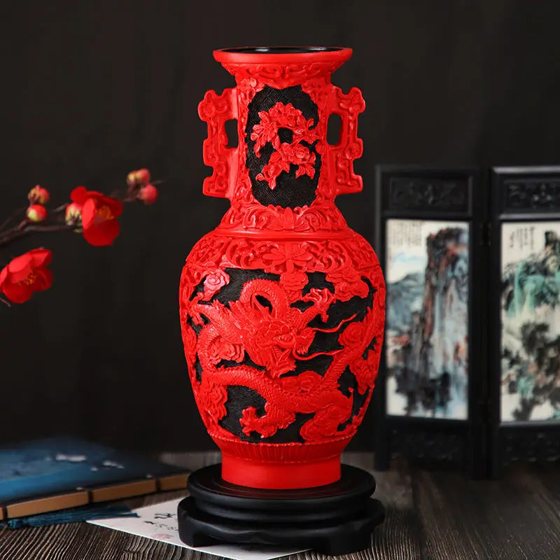 Afralia™ 10-inch Red Lacquerware Flower Auspicious Vase