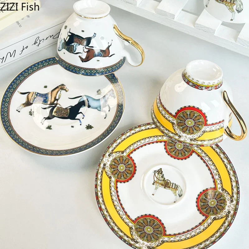 Afralia™ Bone Porcelain Coffee Mug Cup Saucer Set for Dining Table Tea Fruits Juice